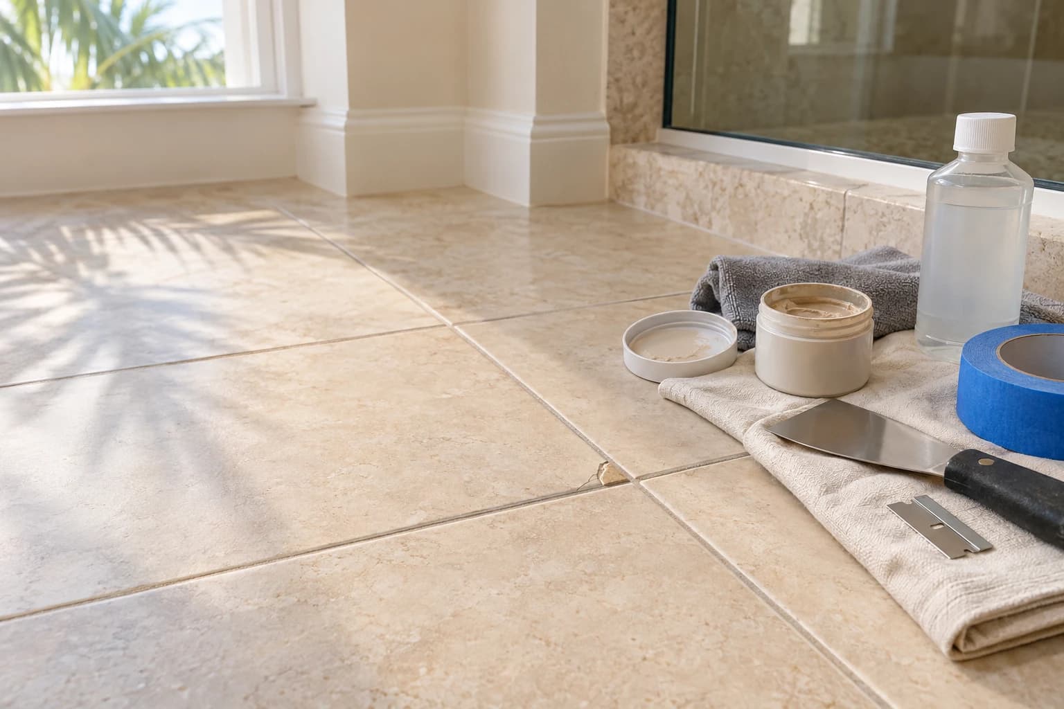 Tile repair kit and tools staged beside a chipped ceramic floor tile in a bright Florida bathroom