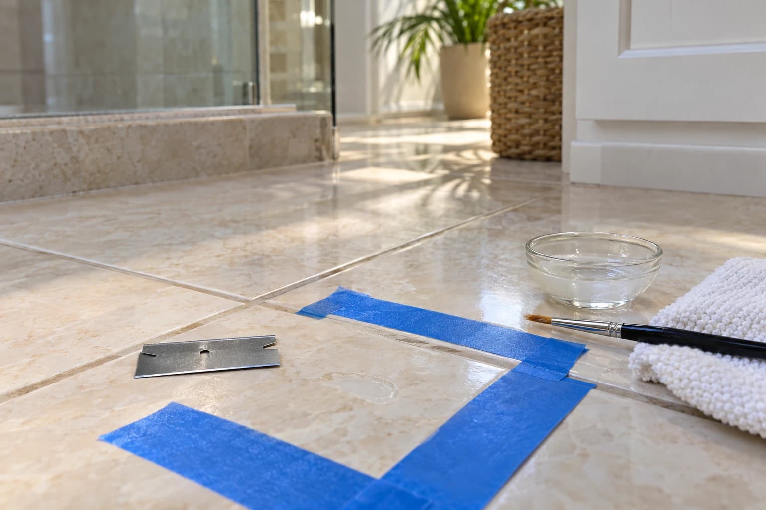 Razor blade resting flat beside a leveled chip repair on a ceramic floor tile, with a small brush and a dish of clear glaze nearby