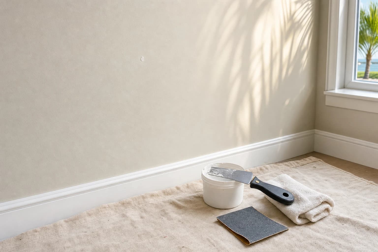 Spackle tub, putty knife, and fine sandpaper staged beside a small filled nail hole on a smooth painted wall in a bright Florida living room