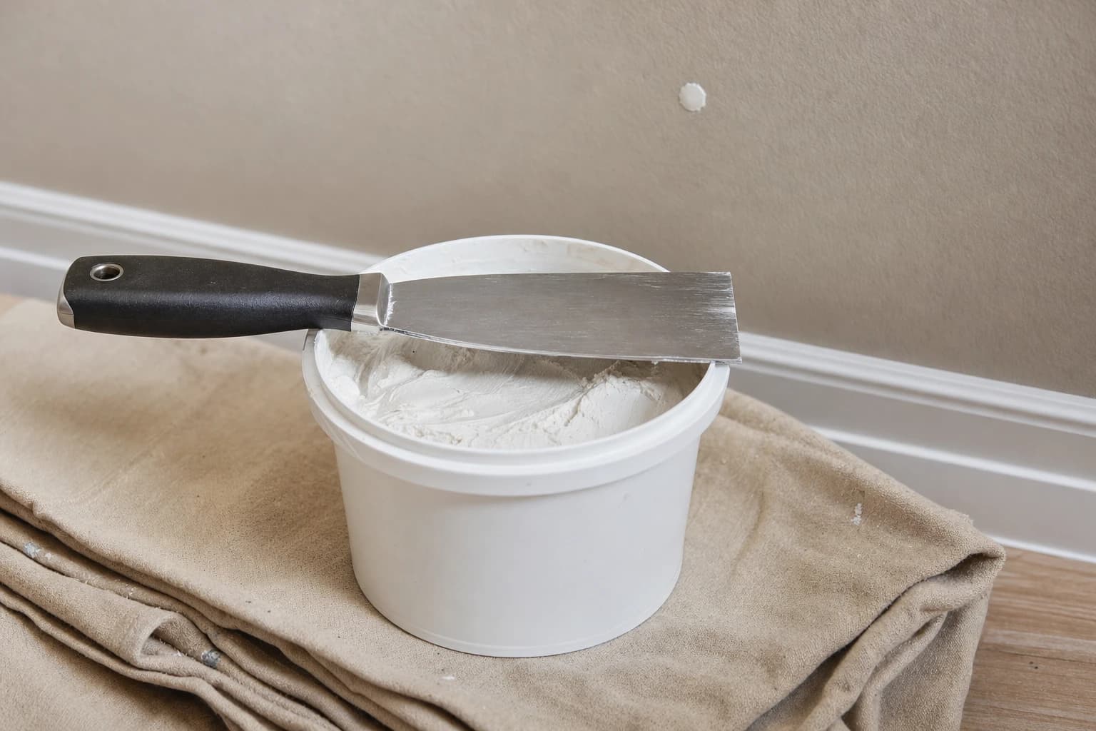 Close-up of an open tub of lightweight spackle on a folded drop cloth with a putty knife resting across the rim and one smooth filled nail hole on the painted wall behind