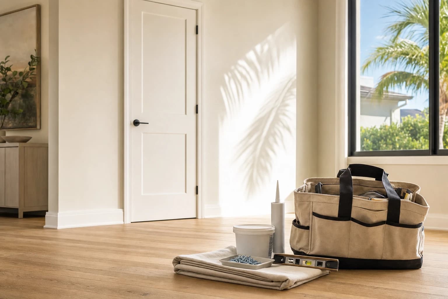Canvas tool bag, drop cloth, a tray of screws, a level, and a tub of joint compound staged on the floor of a bright Florida living room