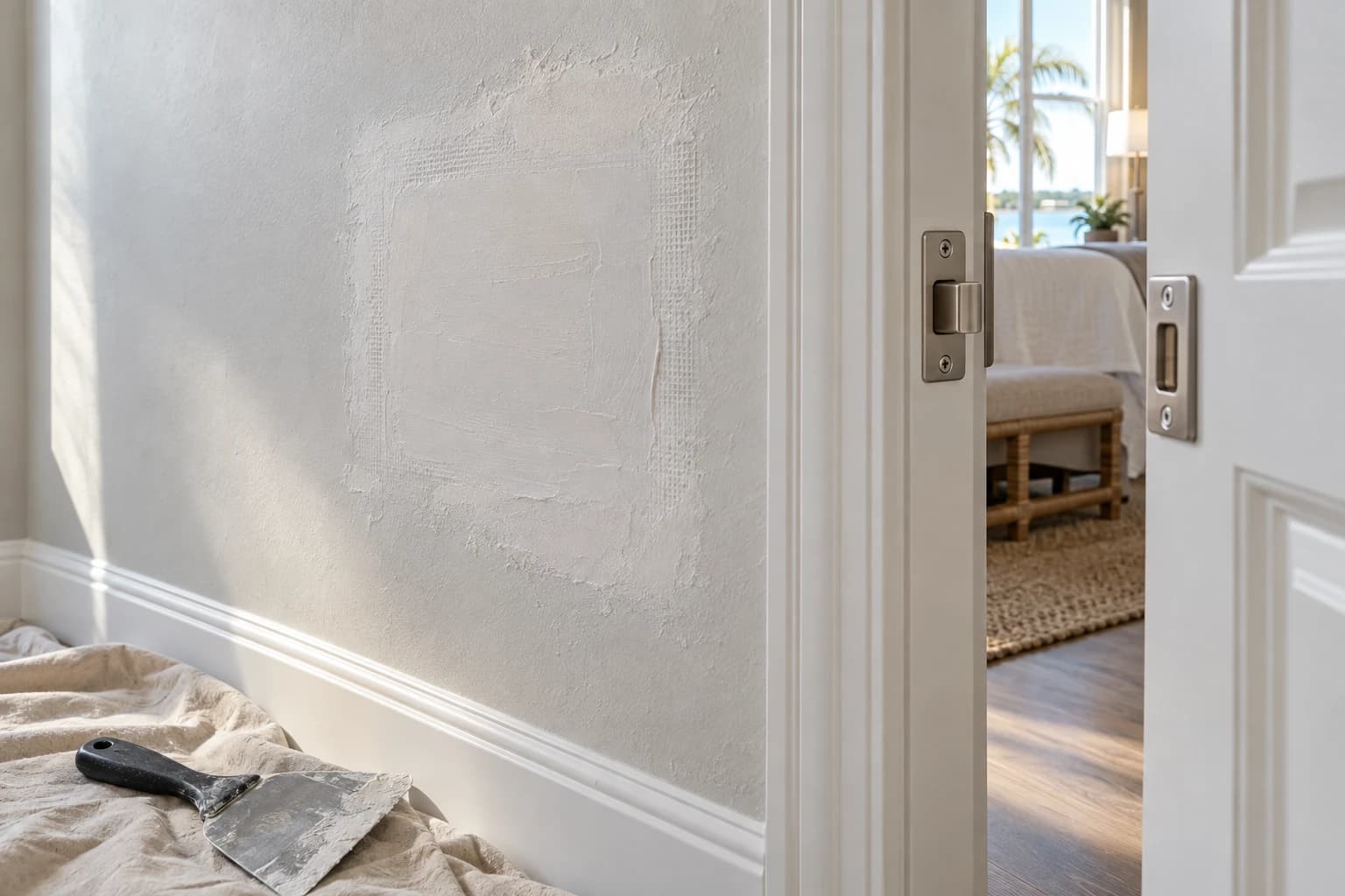 Interior door open a few inches showing a satin nickel latch and matching strike plate, with a first coat of joint compound over a mesh patch on the wall beside it