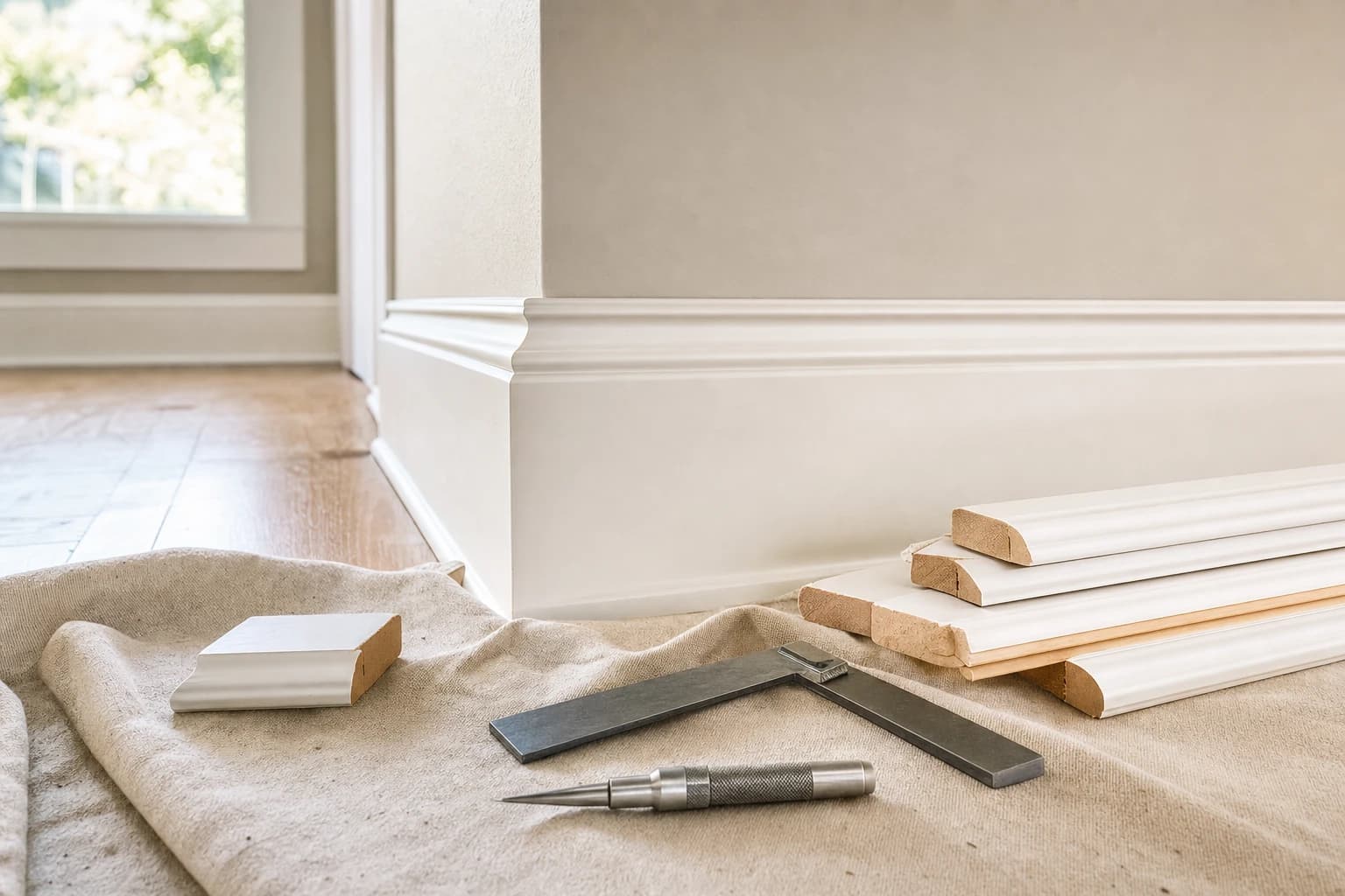 Stack of primed baseboard lengths, a combination square, and a nail set on a drop cloth beside a freshly fitted baseboard corner