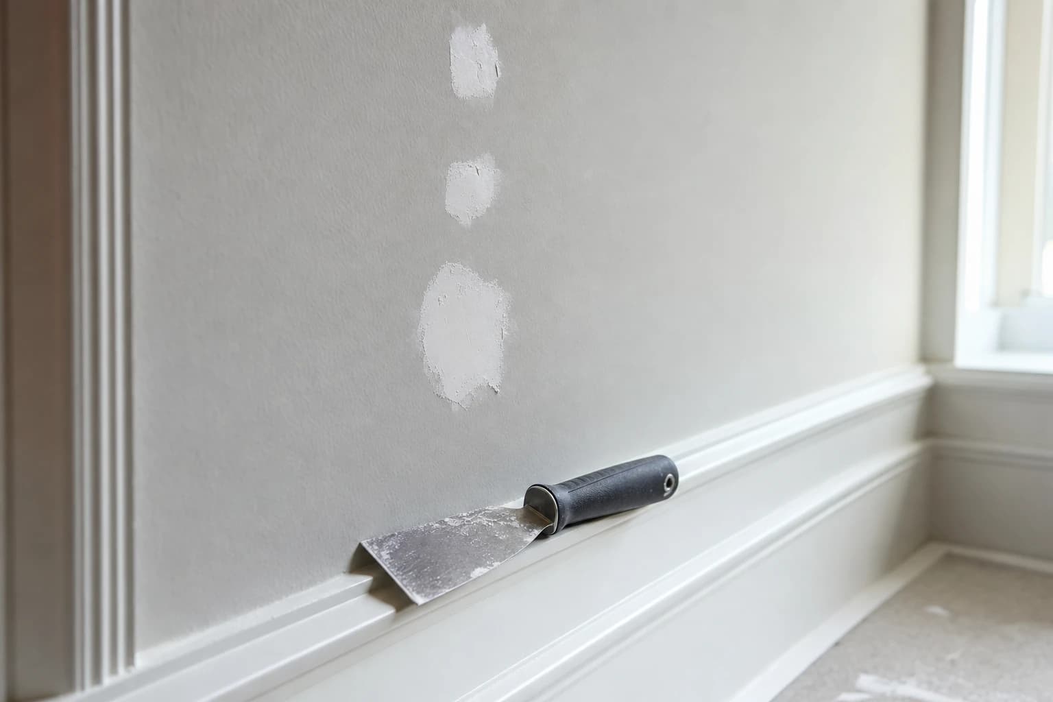 Three dried spackle patches over nail holes on a gray interior wall with a putty knife resting on the chair rail
