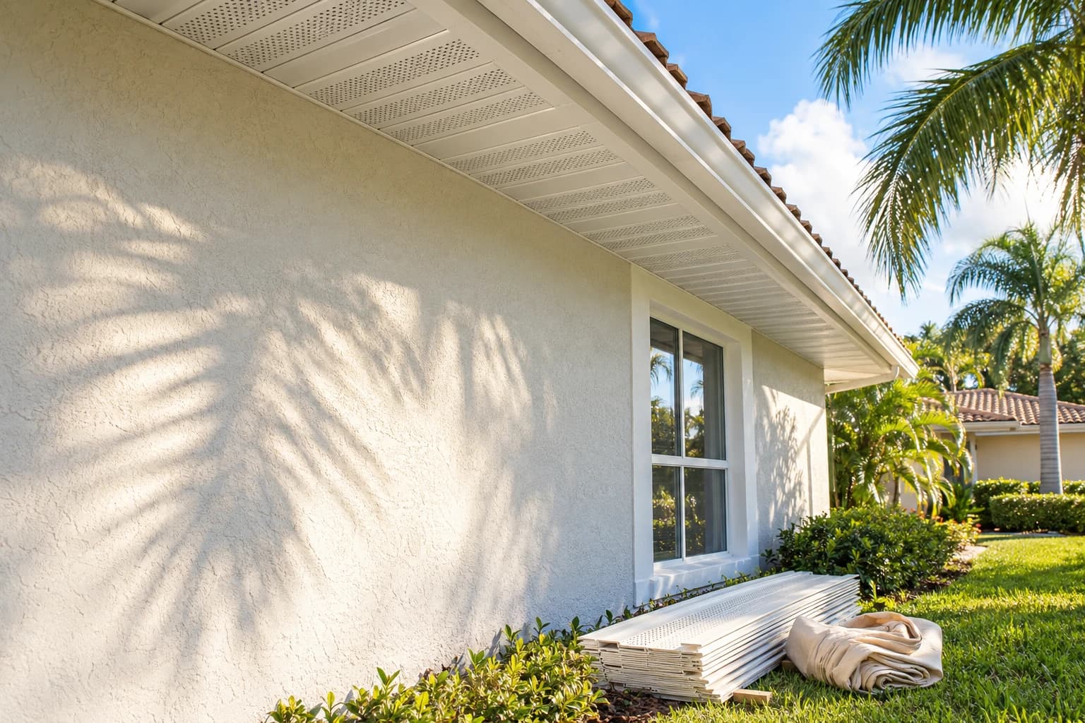 Vented aluminum soffit panels under the eave of a stucco Florida home, with a stack of replacement panels and a drop cloth on the lawn