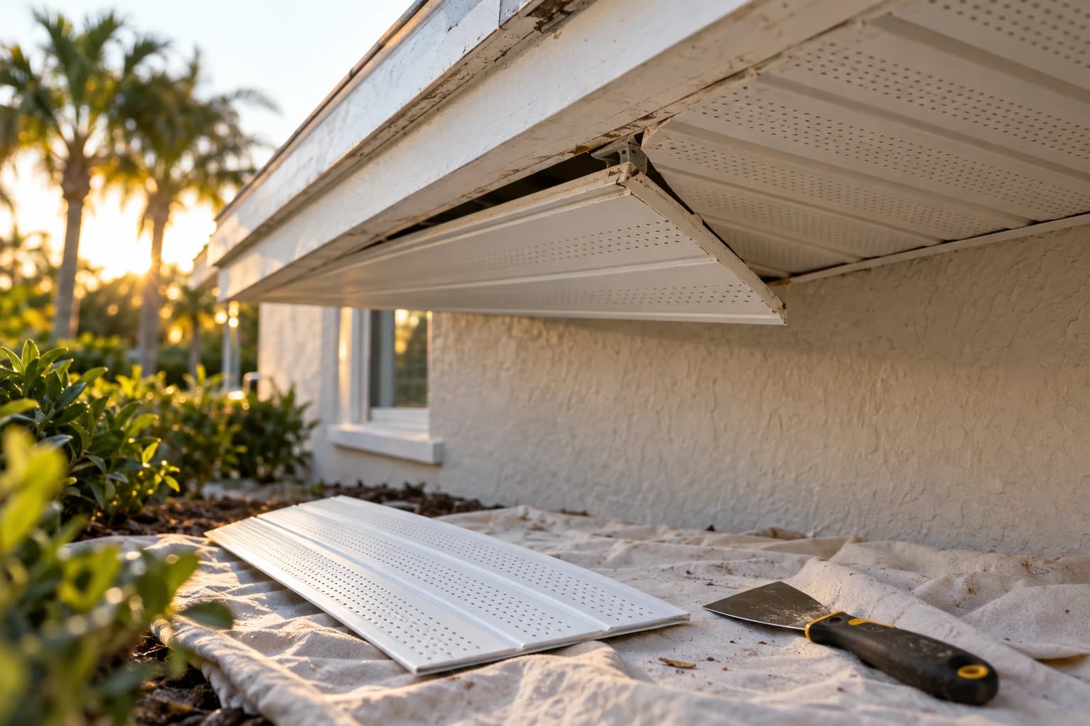 Loose aluminum soffit panel hanging open under a Florida eave at sunset, with a replacement panel and a putty knife resting on a drop cloth
