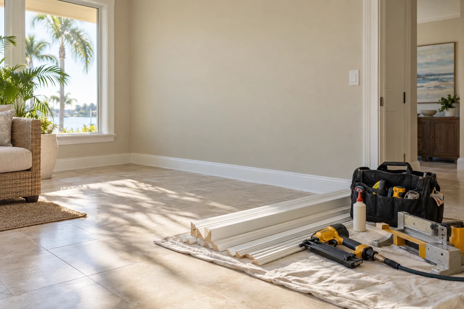Stack of primed baseboard lengths and a brad nailer resting on a drop cloth on a tile floor in a bright Florida living room