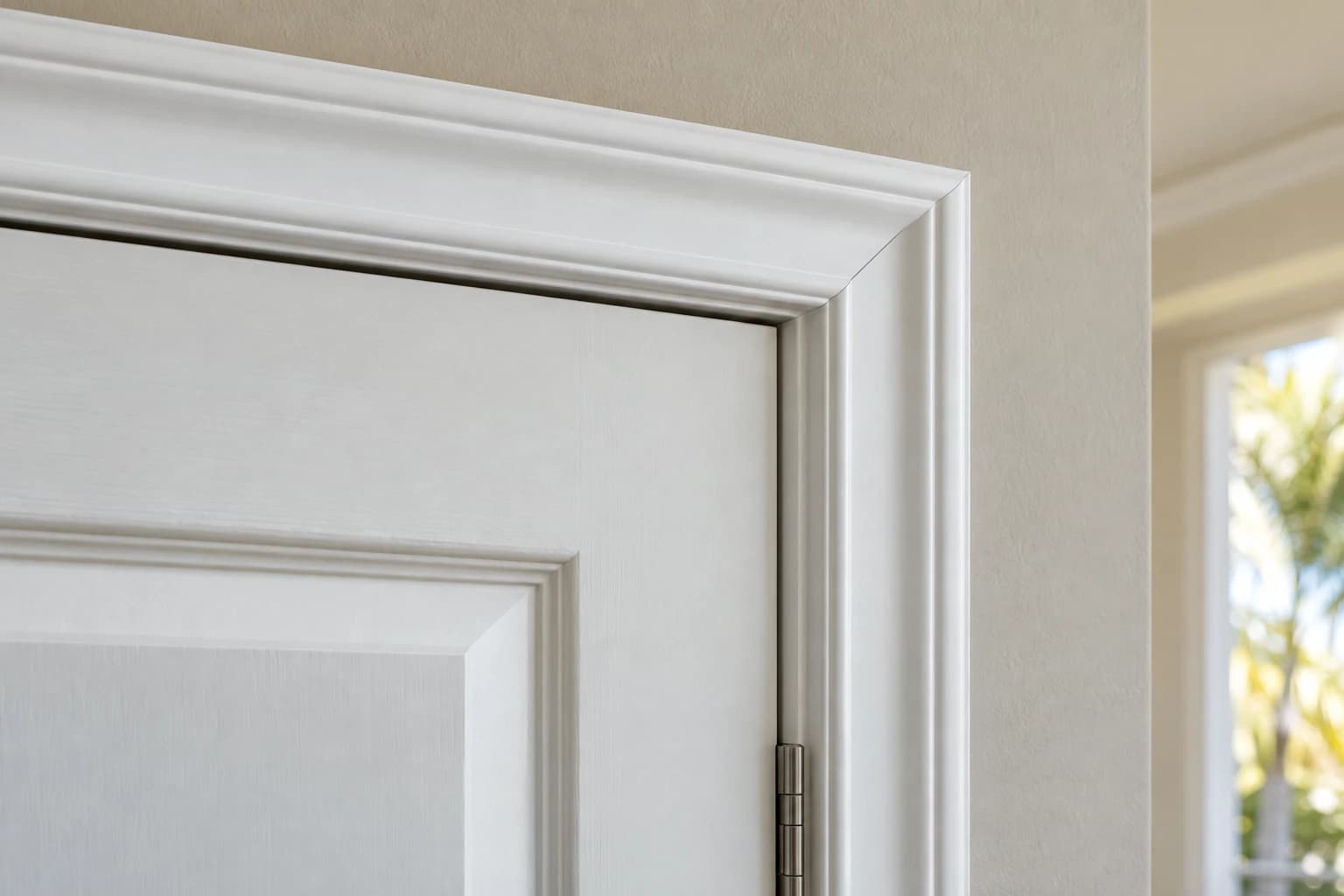 Mitered corner of white door casing against a painted wall in a Florida hallway
