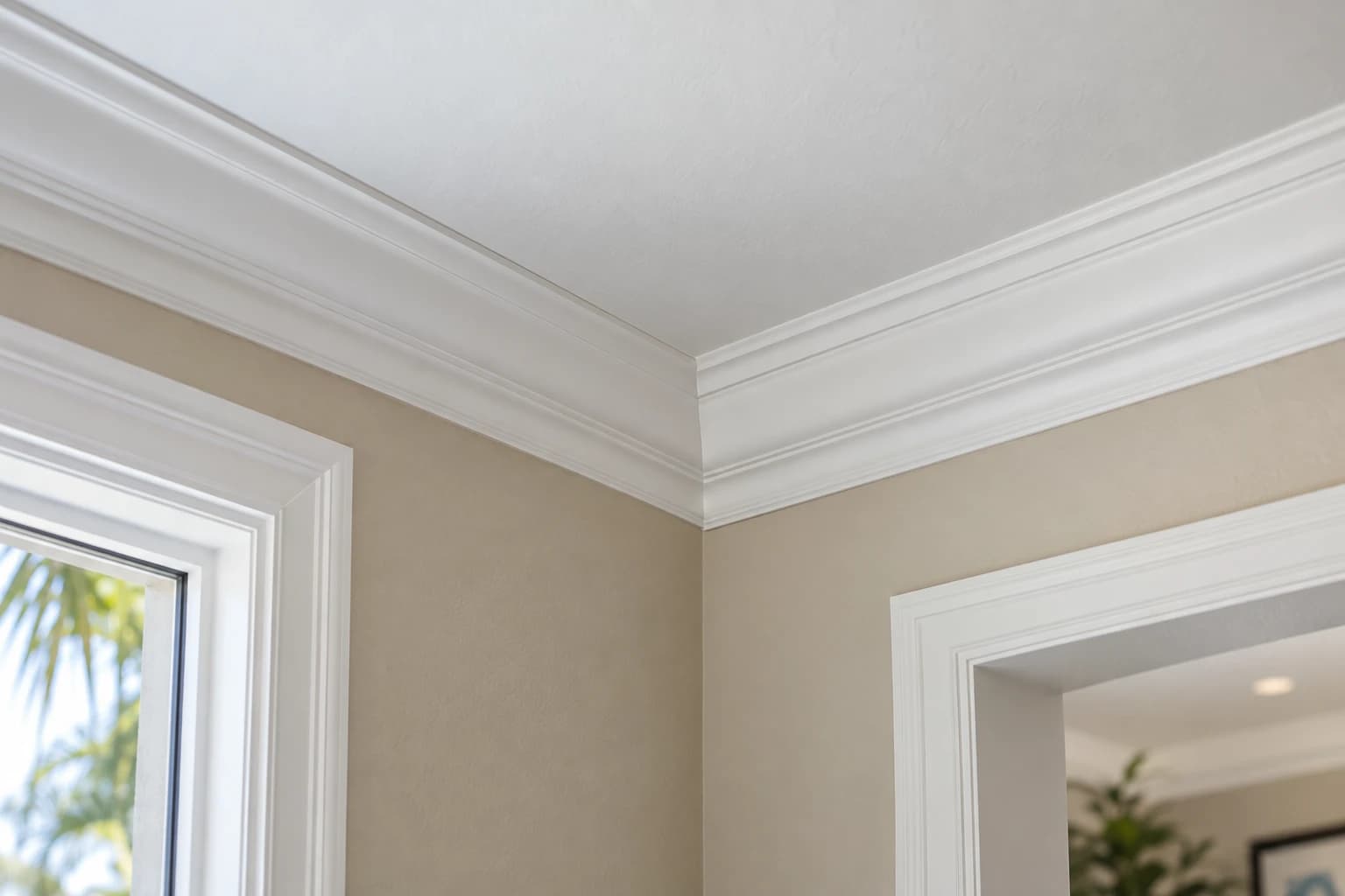 Crown molding corner where two walls meet the ceiling, with a tight inside joint