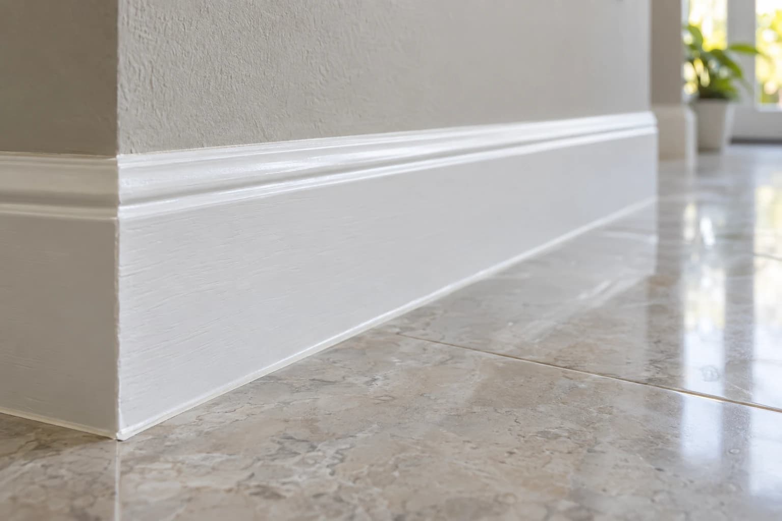 White baseboard meeting porcelain tile with a clean caulk line along the bottom edge