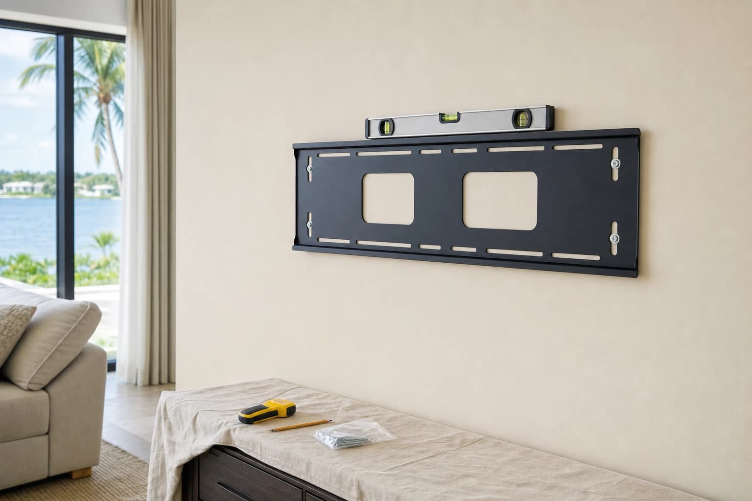 Black TV wall mount plate lagged to a beige drywall wall in a bright Florida living room, four bolt heads visible in the slots and a spirit level resting on the top rail