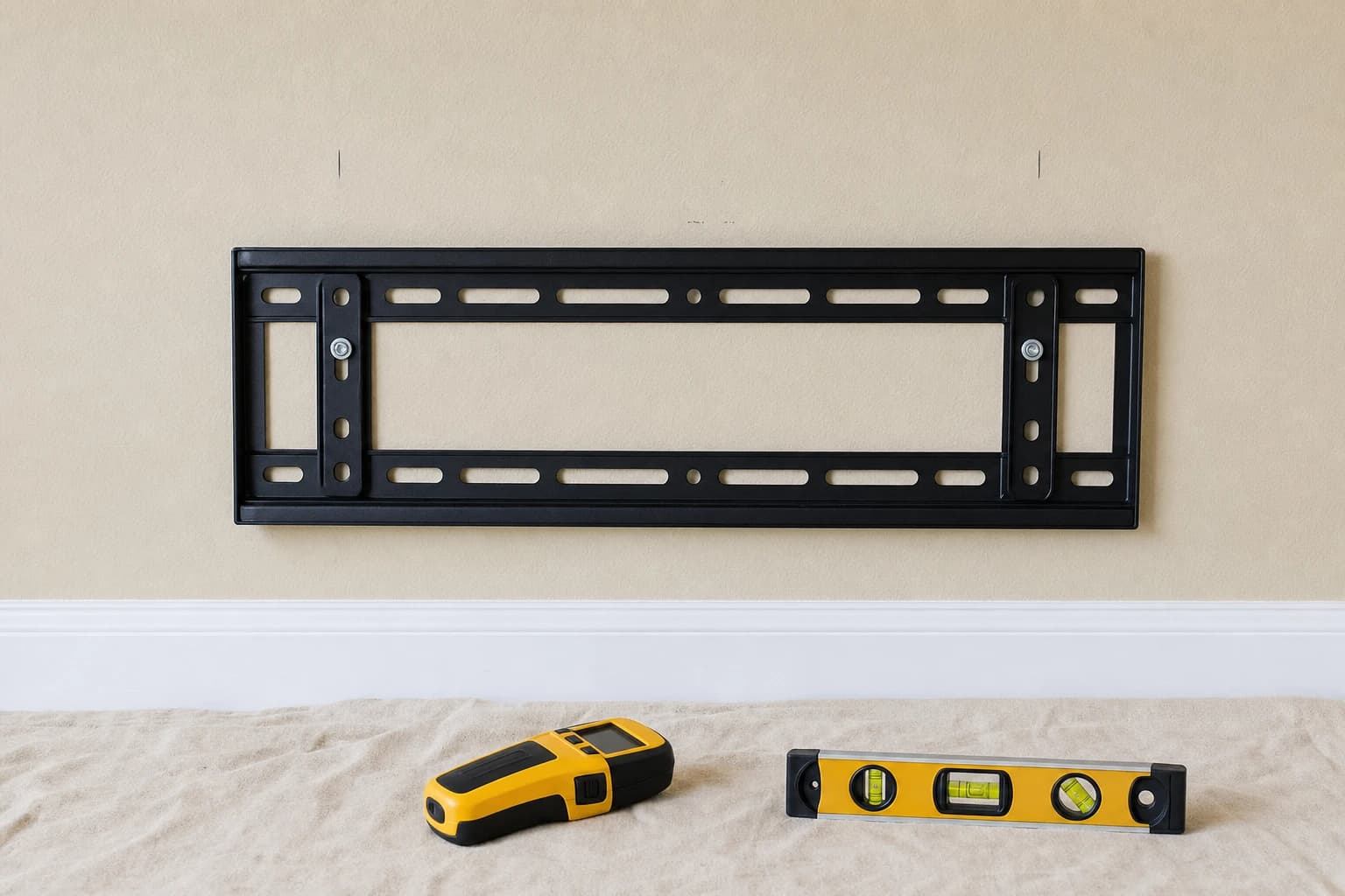 Black TV wall bracket bolted to beige drywall at two stud marks, with a stud finder and a torpedo level lying flat on a drop cloth below