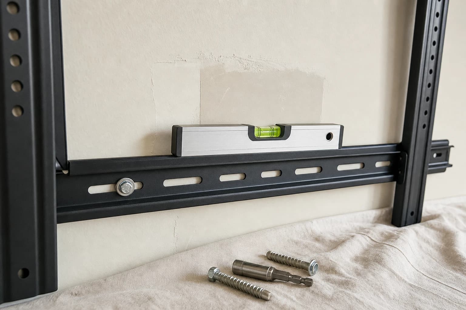 TV wall bracket rail on Florida drywall with a spirit level resting on the rail and one lag bolt driven, spare lags and a driver bit on the drop cloth