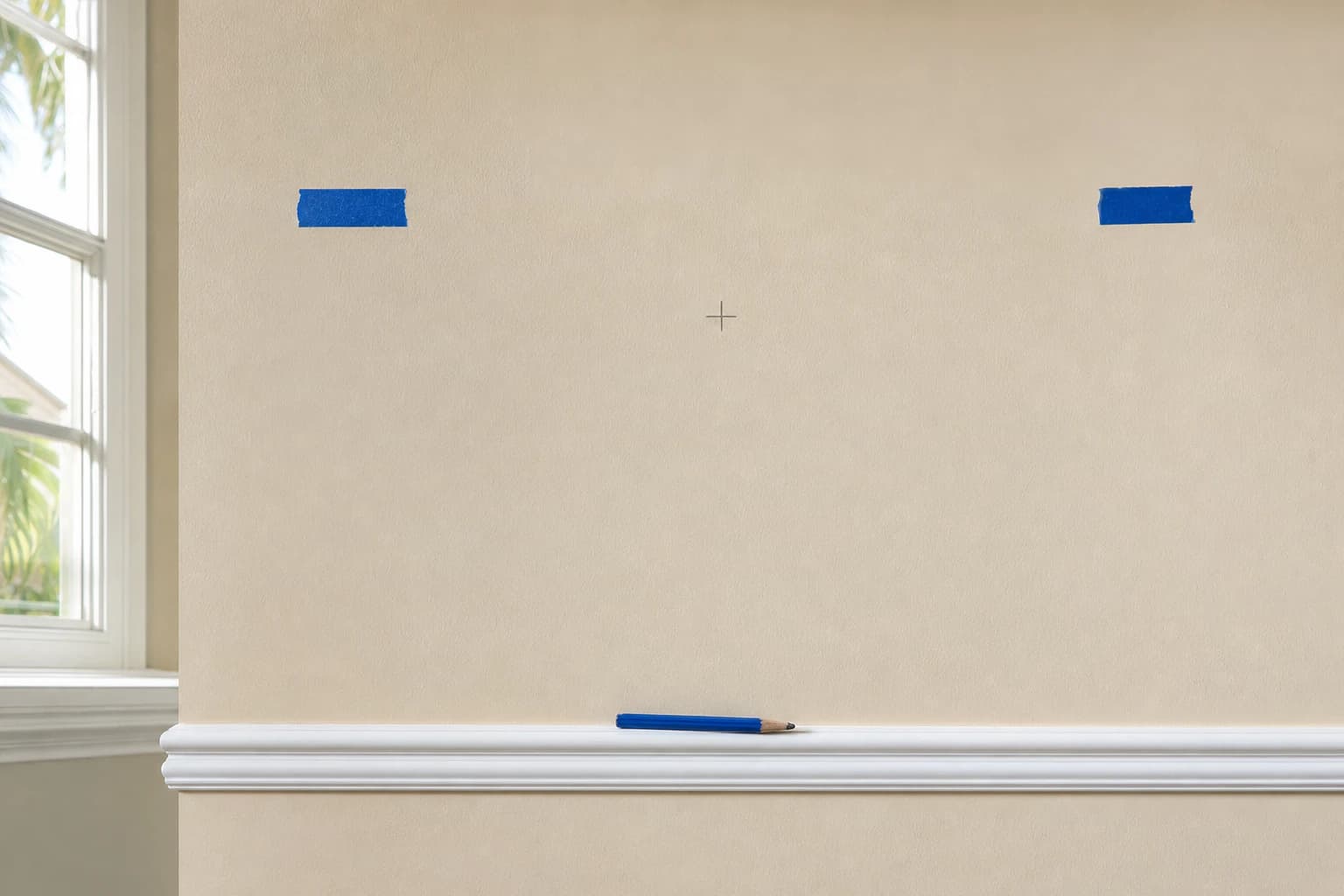 Two strips of blue painter's tape and a pencil cross mark on a beige living room wall marking where a TV will hang, with a pencil resting on the chair rail below