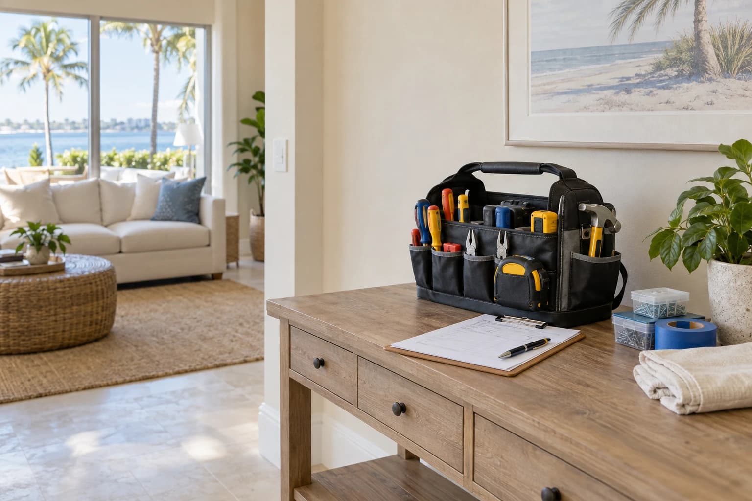 Tool bag and a clipboard resting on a console table in a bright Florida living room before a job starts