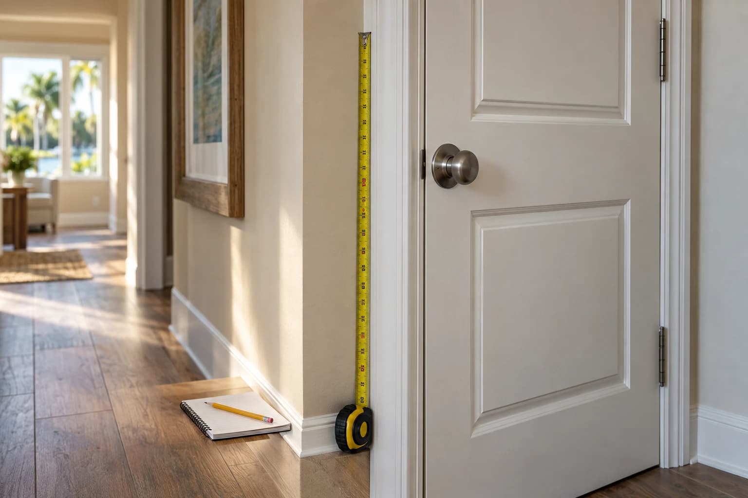 Tape measure extended up a door jamb with a notepad and pencil on the floor of a Florida hallway