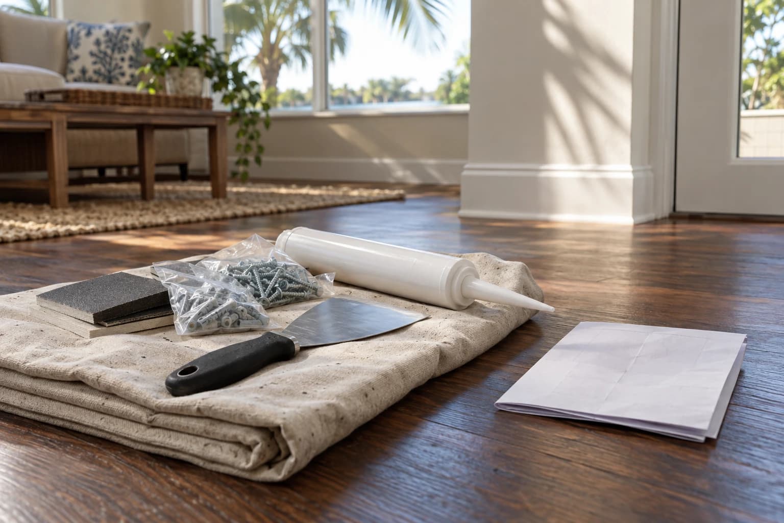 Sanding blocks, a bag of screws, a putty knife, and a caulk tube staged on a folded drop cloth in a Florida living room