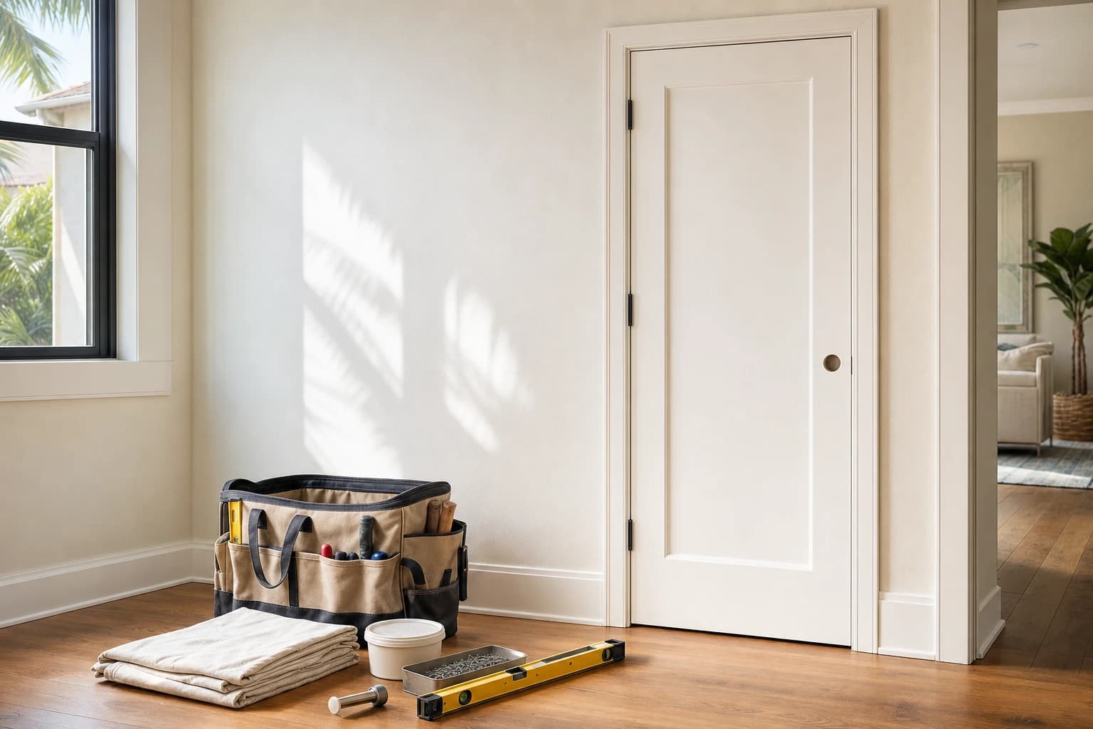 Neatly staged professional tool bag and small repair supplies on a drop cloth in a bright Florida living room near a closed interior door