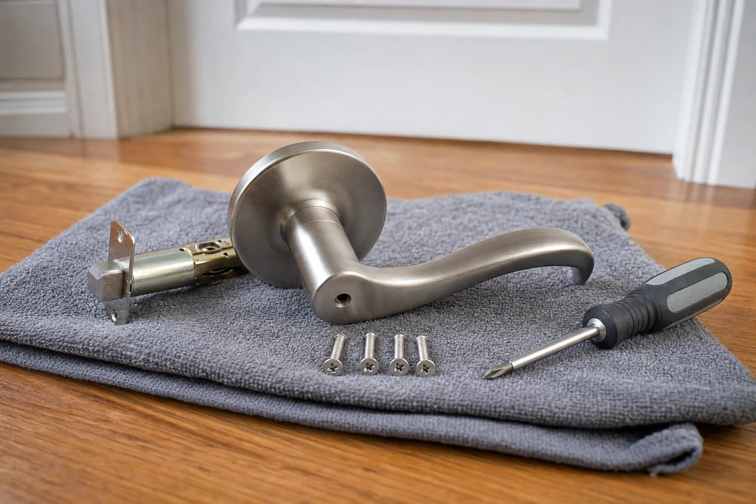 Close-up of a satin nickel door lever, rose, latch, and four screws on gray microfiber cloth on a hardwood floor with a screwdriver beside them