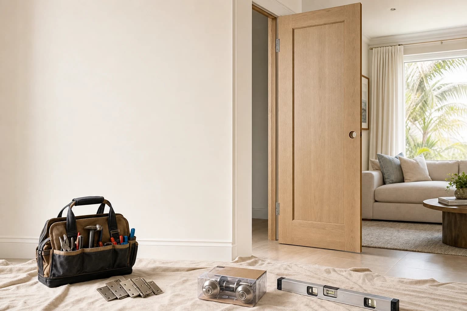 Neatly staged professional tool bag and door hardware on a drop cloth beside an interior door in a bright Florida living room