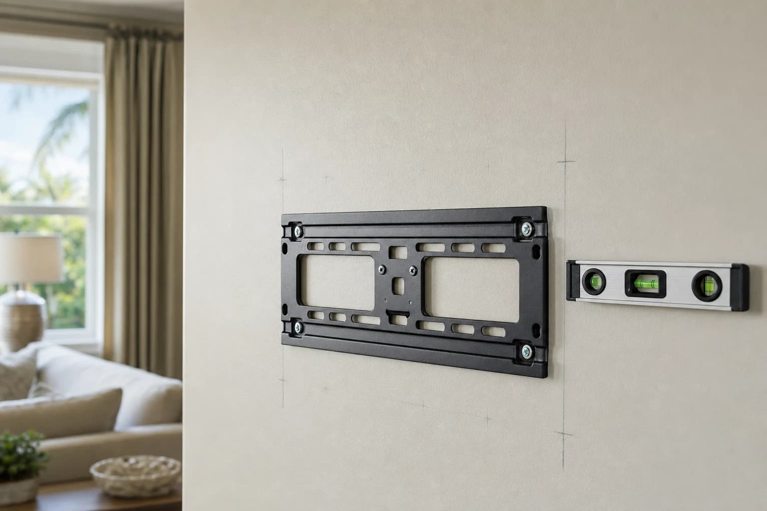 Wall-mounted TV bracket and a level resting against a marked stud line on a painted living-room wall in a Florida home