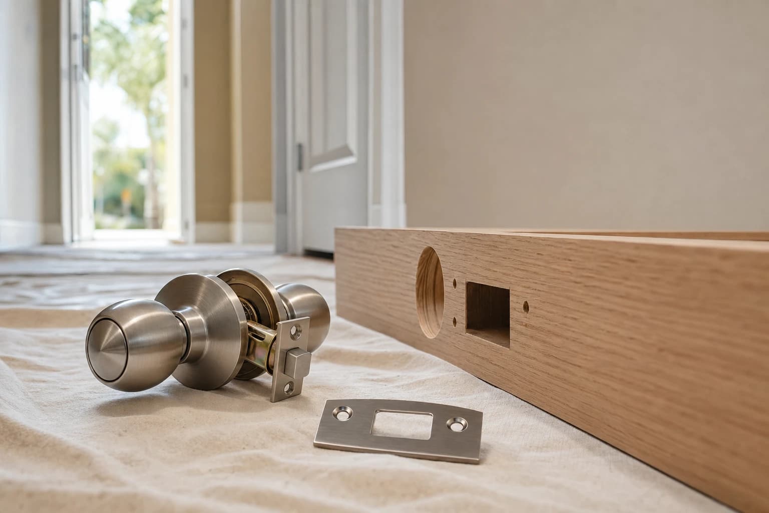 Close-up of a new brushed-nickel lockset and strike plate resting beside a door edge in a Florida home hallway