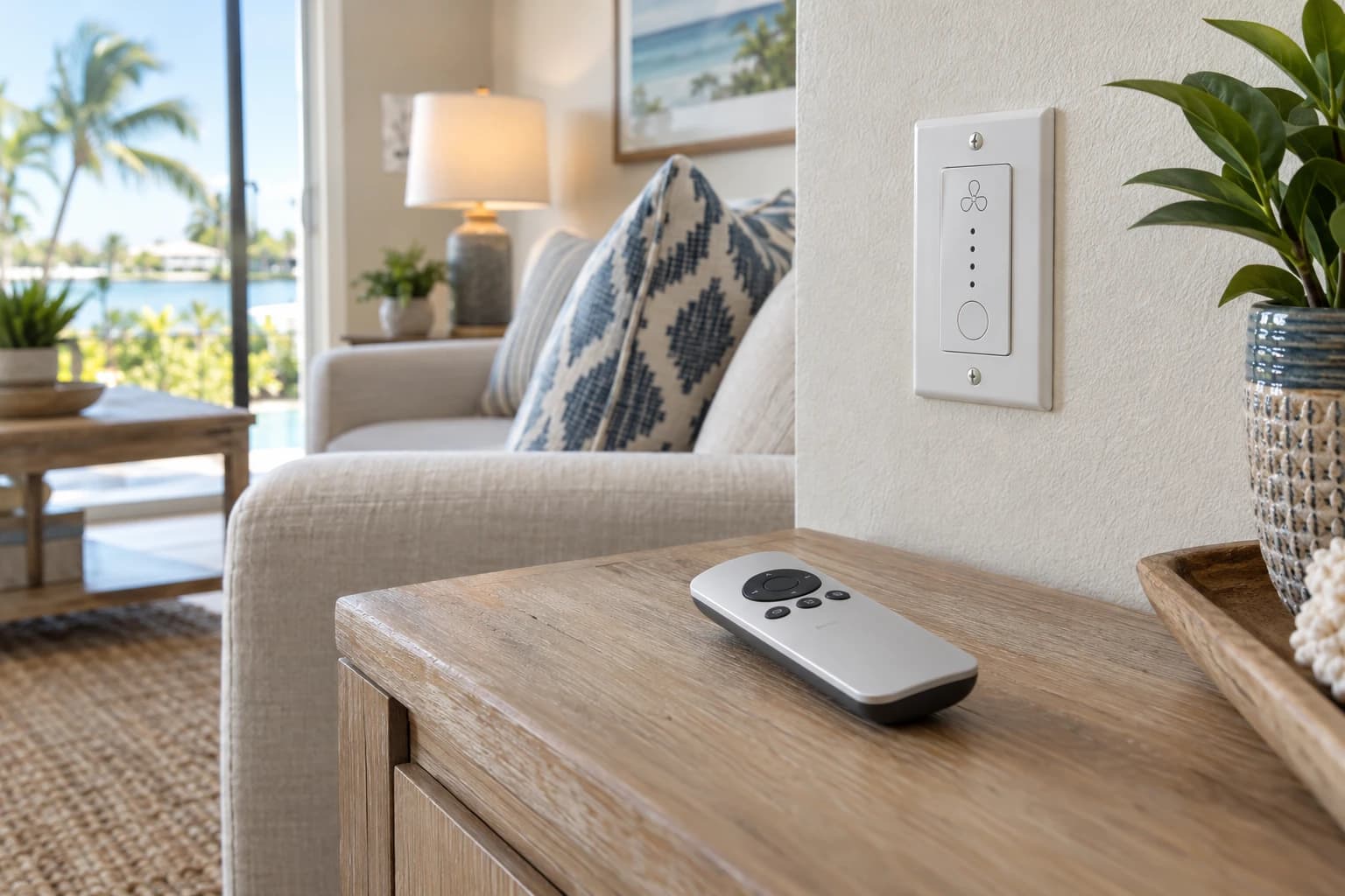 Ceiling fan remote control resting on a wood console below a wall-mounted fan control in a Florida living room