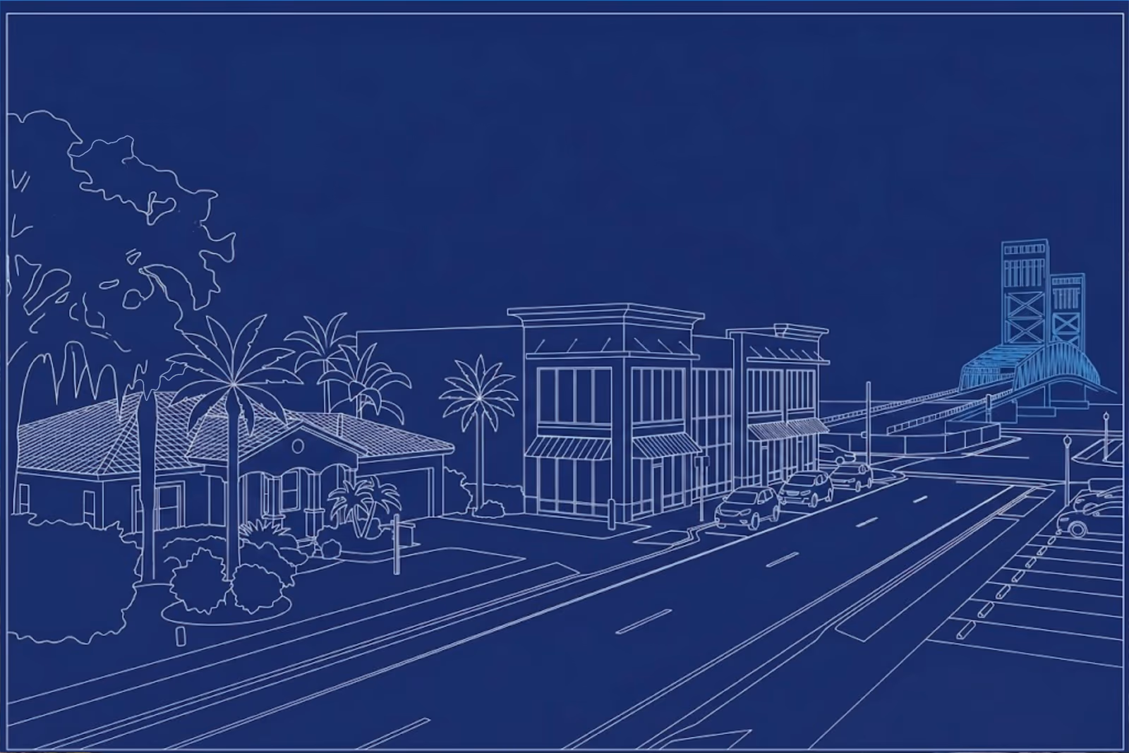 Blueprint illustration of a Florida street with homes, storefronts, and a bridge