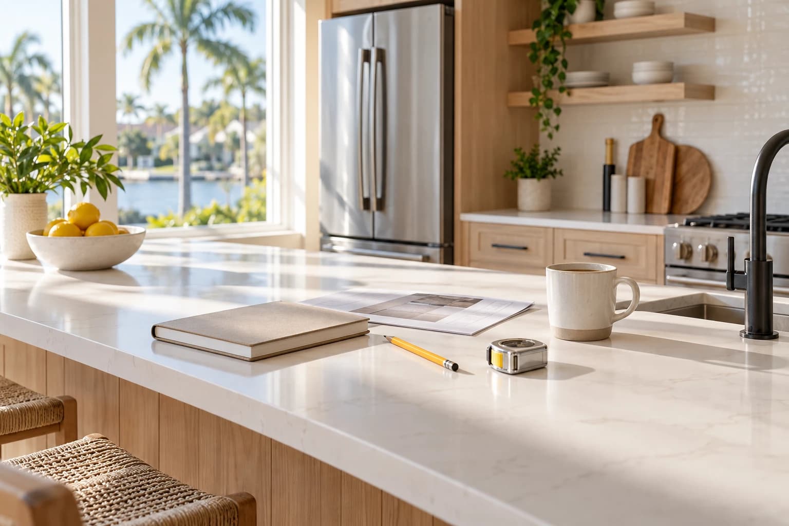 Sunlit Florida kitchen island with a closed notebook, a folded estimate, a pencil, and a tape measure resting beside a cup of coffee