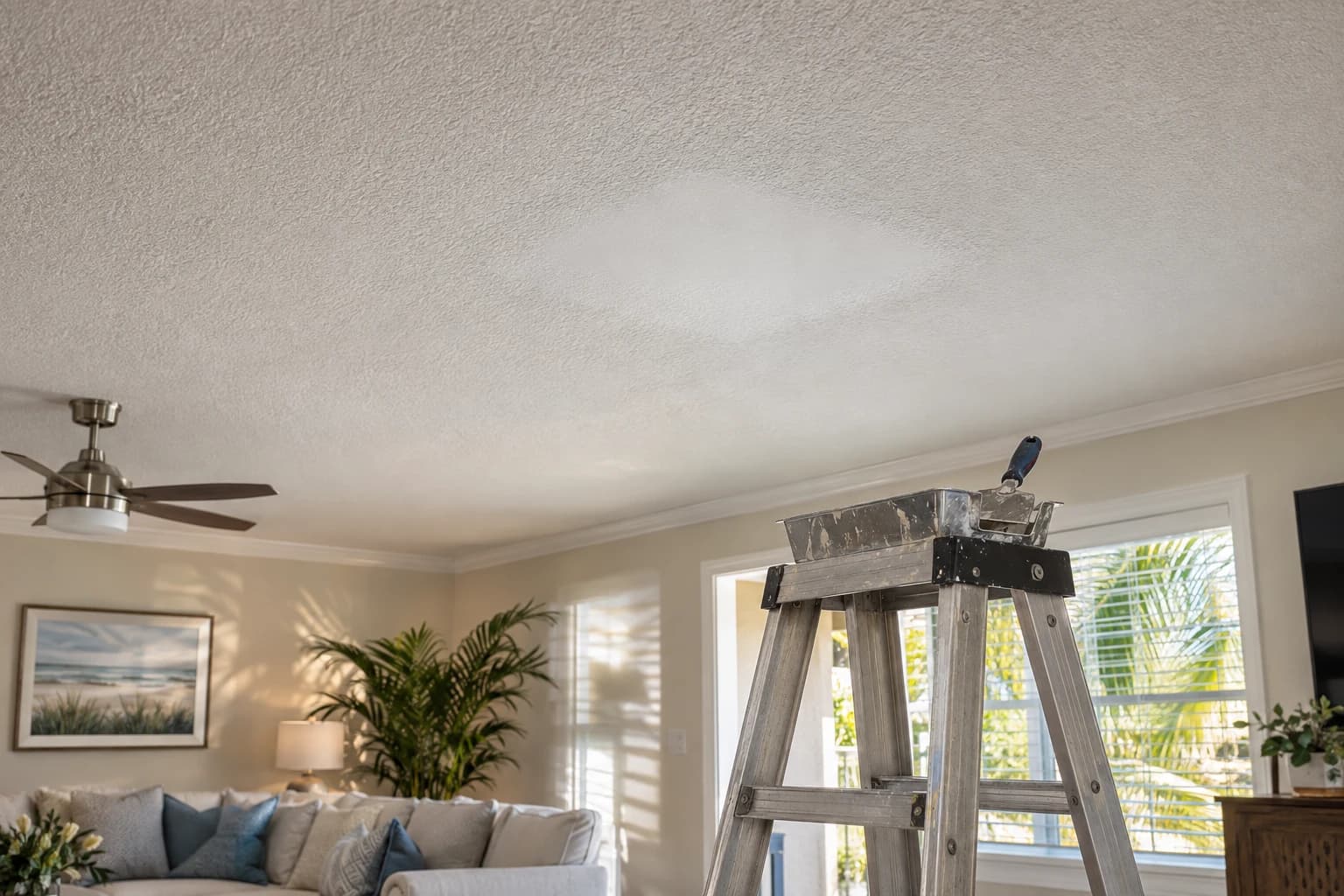 Living room ceiling with a freshly patched and painted section matched to the orange peel texture around it, a drywall knife and a mud pan resting on a stepladder