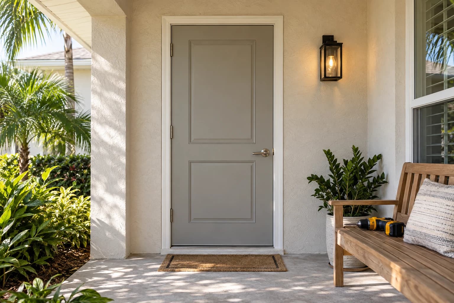 Front entry of a one-story stucco home with a freshly painted door, new lever hardware, and a new porch light, with a cordless drill resting on the porch bench
