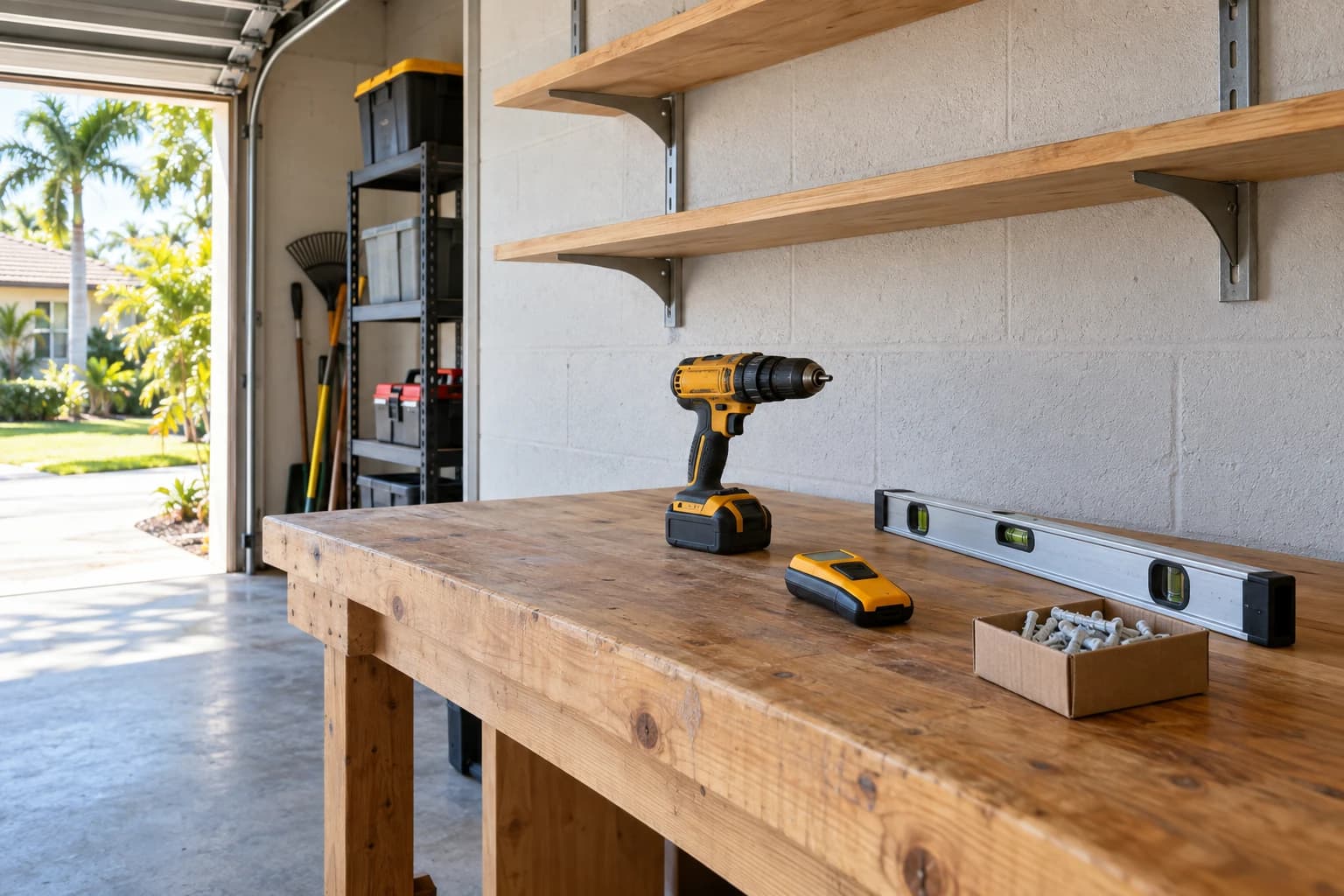 A cordless drill, a stud finder, a level, and a small box of wall anchors resting on a wooden workbench in a Florida garage, with empty wall shelving above