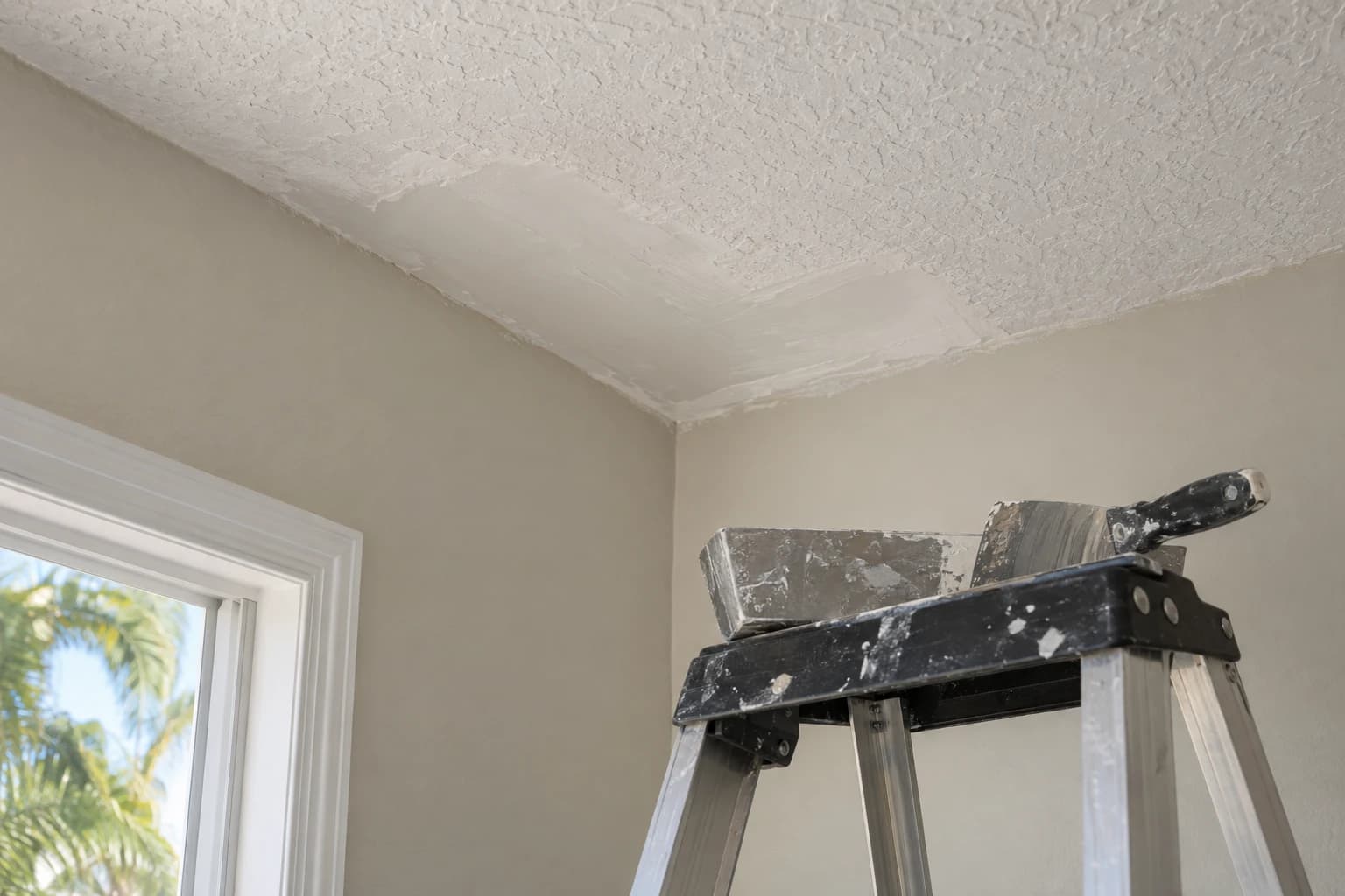 A freshly taped and mudded drywall patch on a knockdown-textured ceiling corner, with a taping knife and a mud pan resting on a stepladder shelf