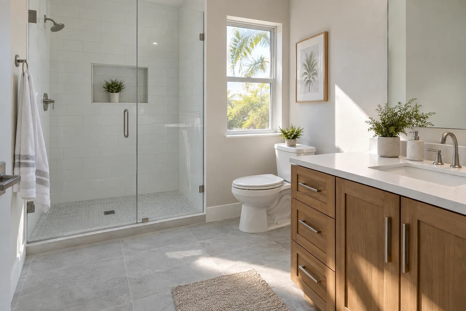 A bright remodeled bathroom with a white walk-in shower, large light gray floor tile, a wood vanity with a white top, and a small window with morning light