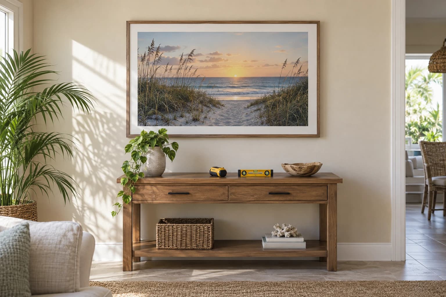Family room wall with a large framed landscape print hung level above a wood console table, a stud finder and a small level resting on the table