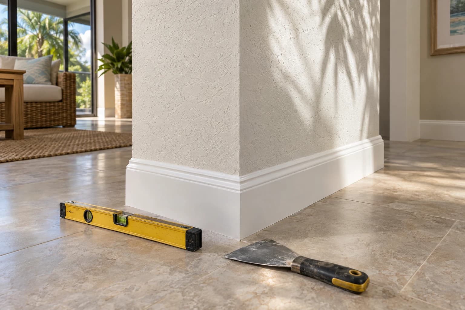 Knockdown-textured wall corner meeting new white baseboard on a tile floor, with a level and a putty knife resting on the tile