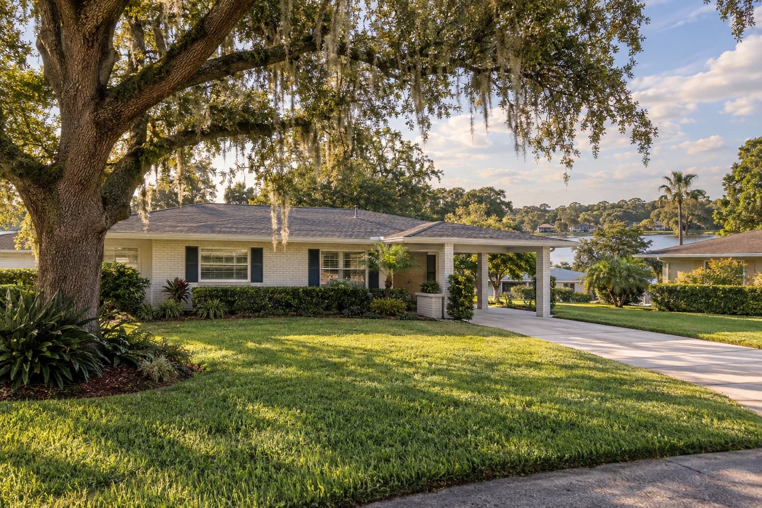 One-story 1960s ranch home with painted brick, a low hip roof, and a live oak draped in Spanish moss on a quiet Carrollwood street near a lake