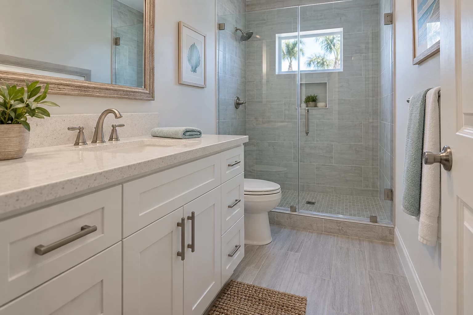 Small hall bathroom with a new white shaker vanity, a tiled shower with a clear glass door, and light gray plank flooring, a folded towel on the counter