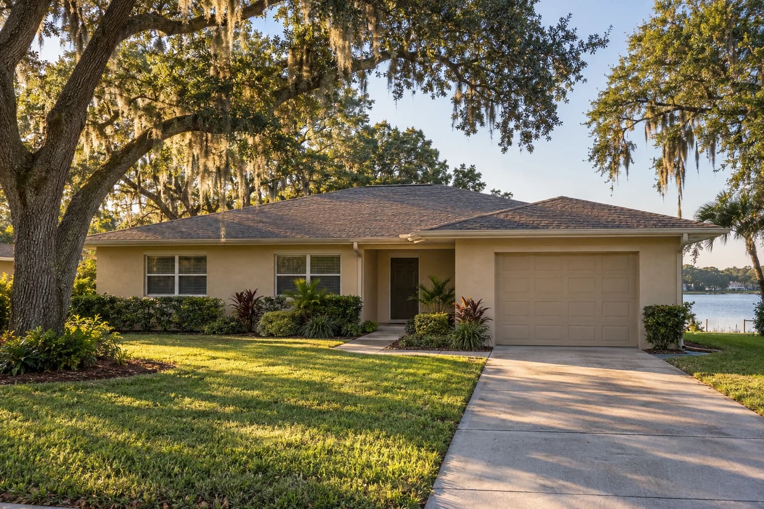 A one-story 1970s concrete block ranch home with painted stucco, a low hip roof, and a carport on a quiet Casselberry street near a lake, with live oaks and Spanish moss