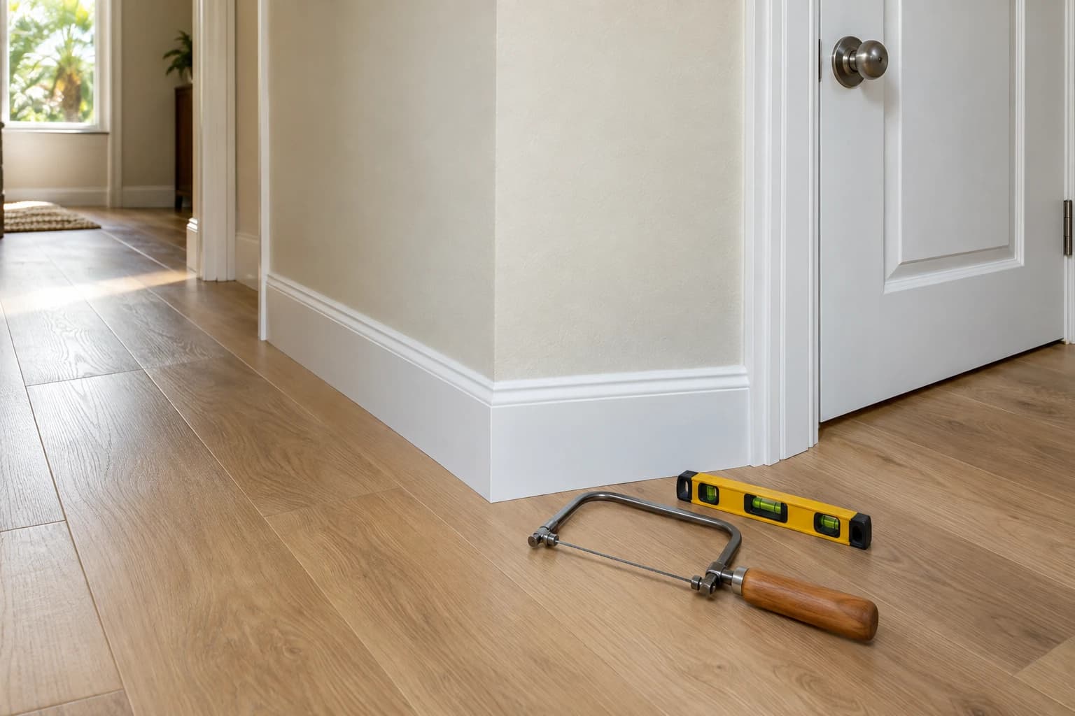 New white baseboard and door casing meeting a light oak plank floor in a hallway, a coping saw and a small level resting on the floor