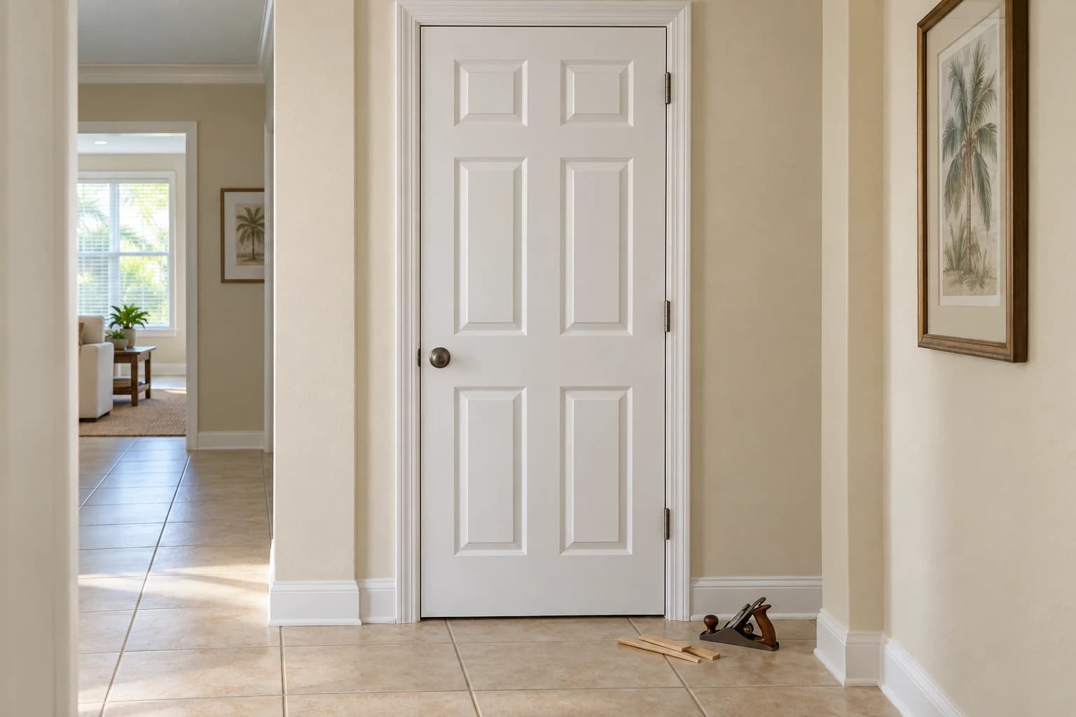 New white six-panel interior door hung in a hallway with fresh casing, a block plane and a few wood shims resting on the tile floor beside it