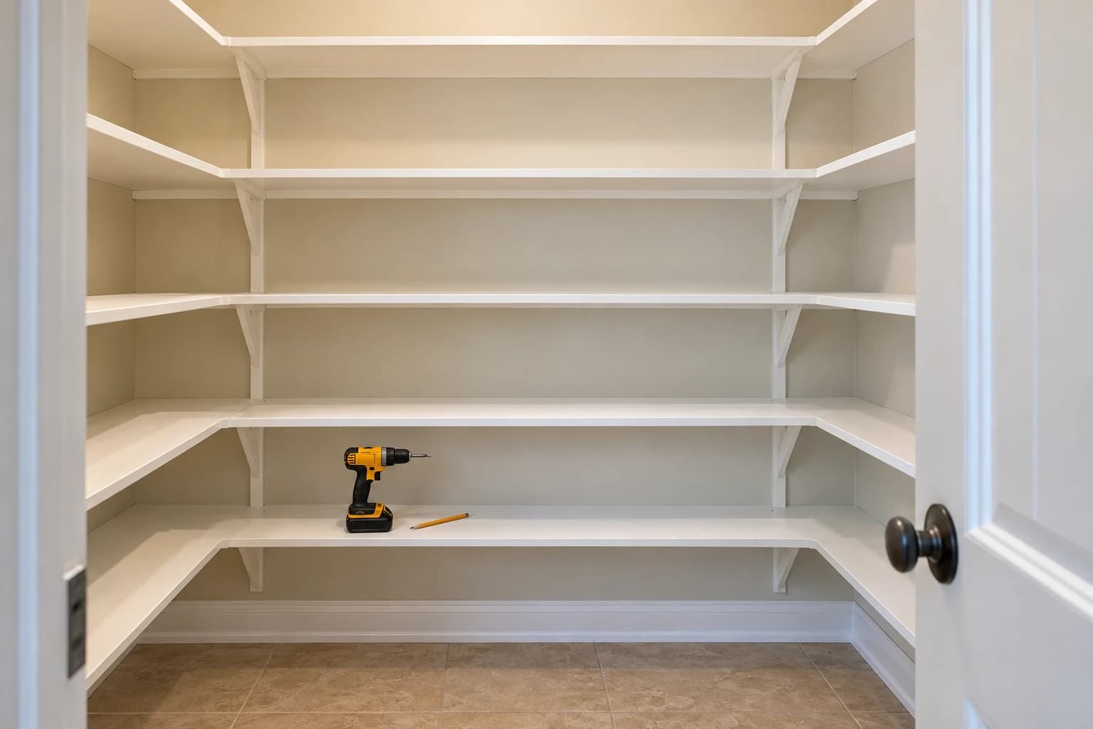 Walk-in pantry with new white wood shelves fitted wall to wall, a cordless drill and a pencil resting on the lowest shelf