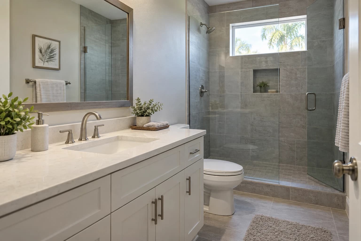 Remodeled hall bathroom with a white quartz vanity top, a large-format gray tile shower behind a clear glass panel, and a brushed nickel faucet
