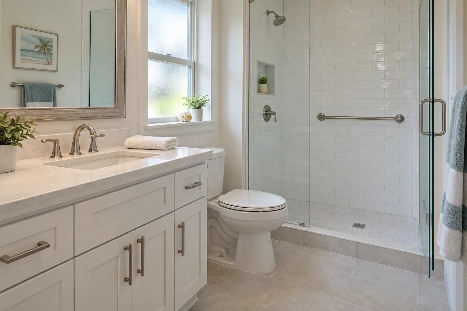 Small Florida bathroom with a new white shaker vanity, a walk-in shower with white subway tile and a low curb, a chrome grab bar, and a folded towel on the counter