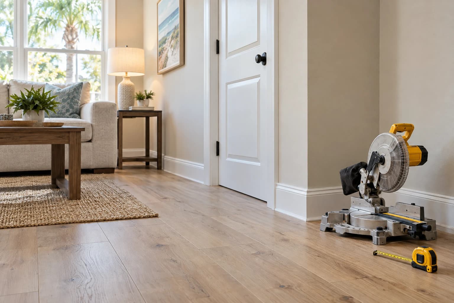 White painted baseboard and door casing freshly installed in a Florida living room with light plank flooring, a miter saw and a tape measure resting on the floor