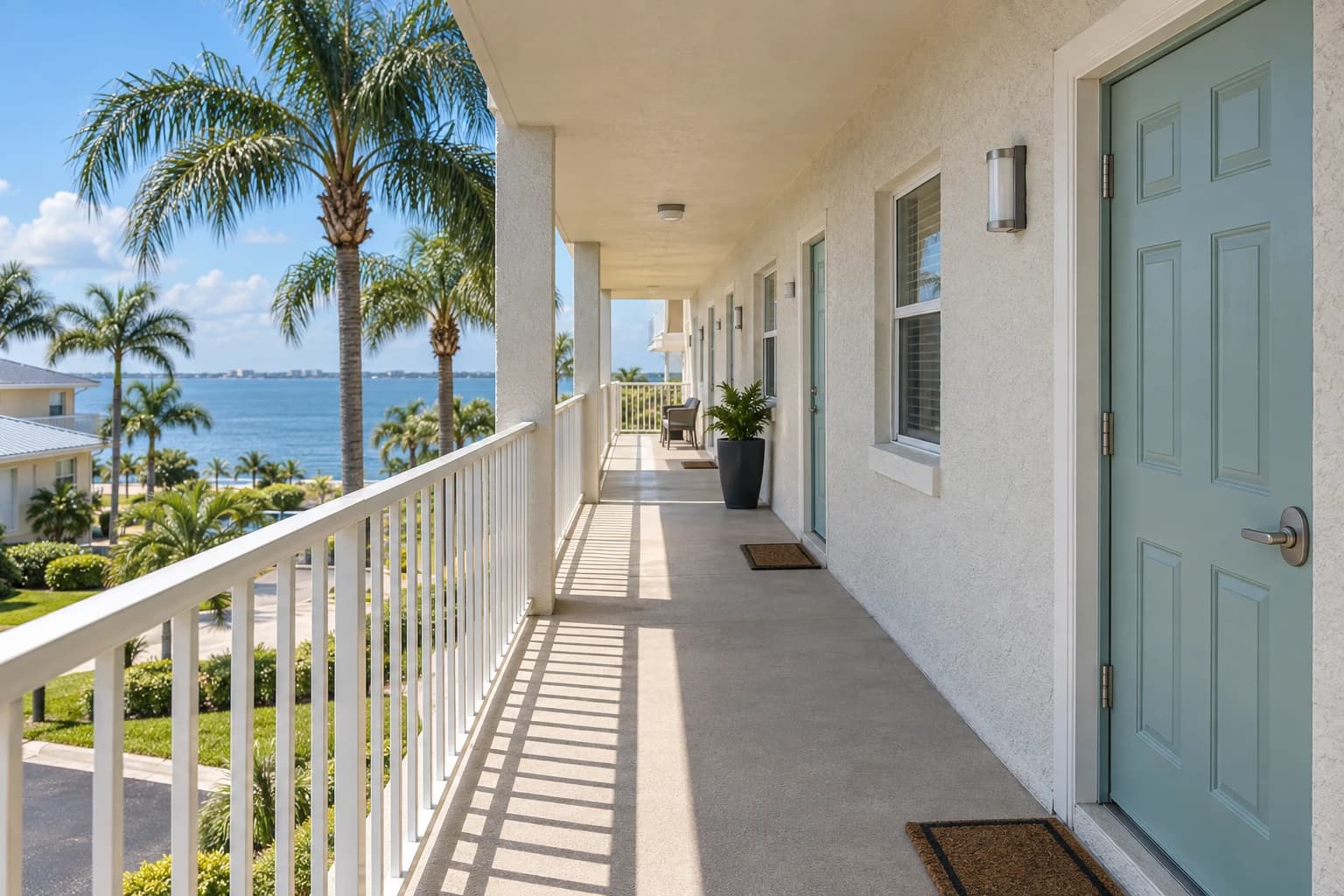 Open-air hallway of a low-rise Gulf coast condo building with a row of painted entry doors, white railings, and palm trees and blue water in the distance