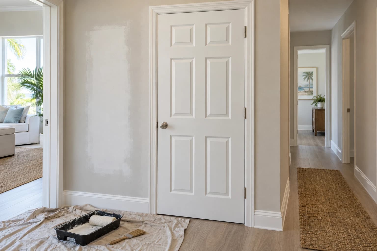 Interior hallway with a new white six-panel door and fresh casing, a sanded drywall patch on the wall beside it, and a roller tray and brush resting on a drop cloth