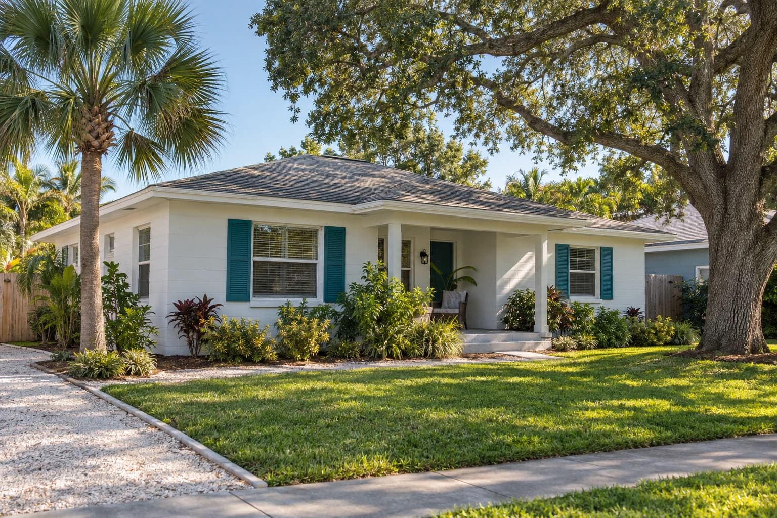 A one-story white-painted block bungalow in Dunedin with a low hip roof, teal shutters, a small front porch, a sabal palm, and a live oak on a quiet street