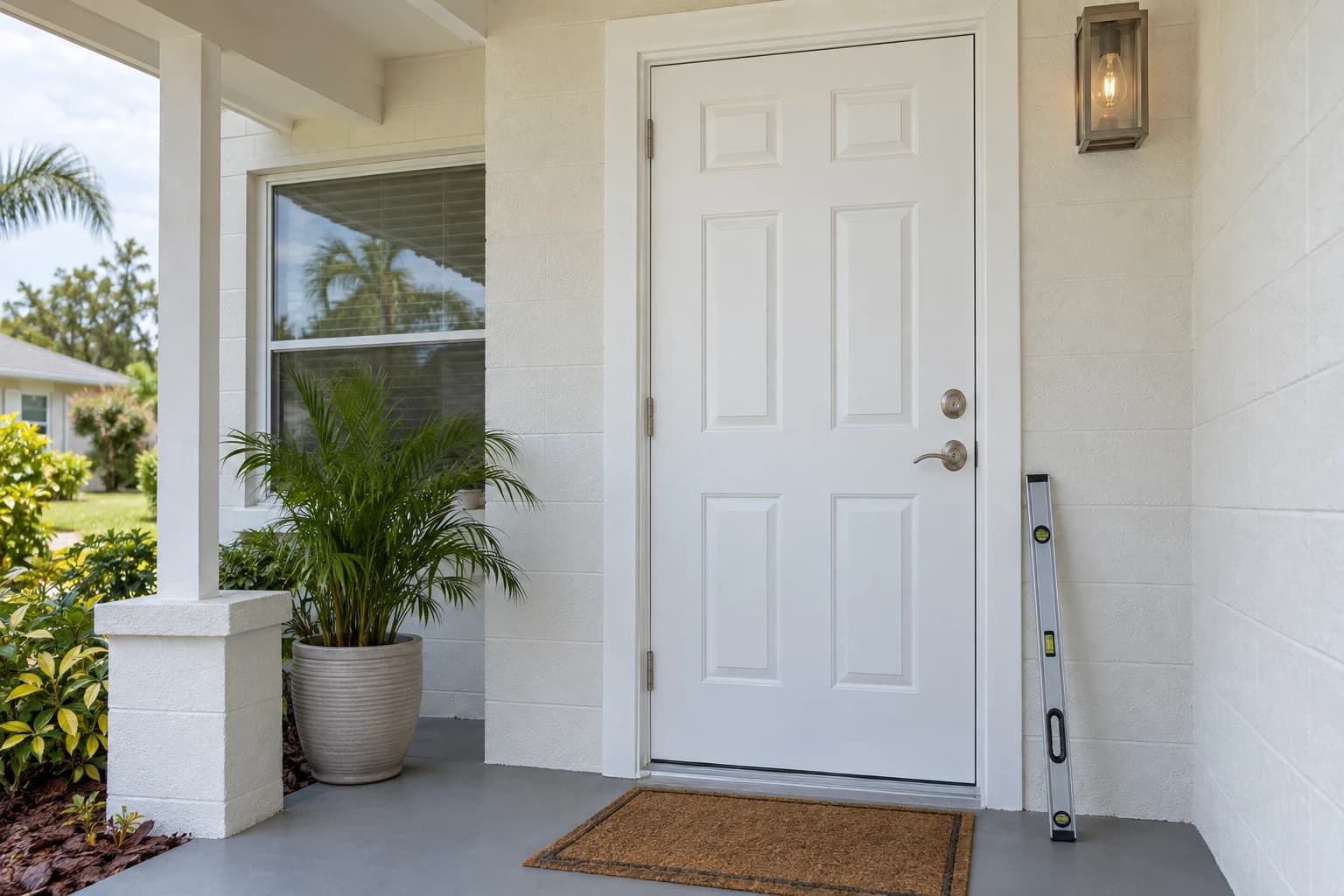 New white six-panel front door with brushed nickel hardware hung in a freshly painted frame on a covered entry, a level leaning against the door jamb