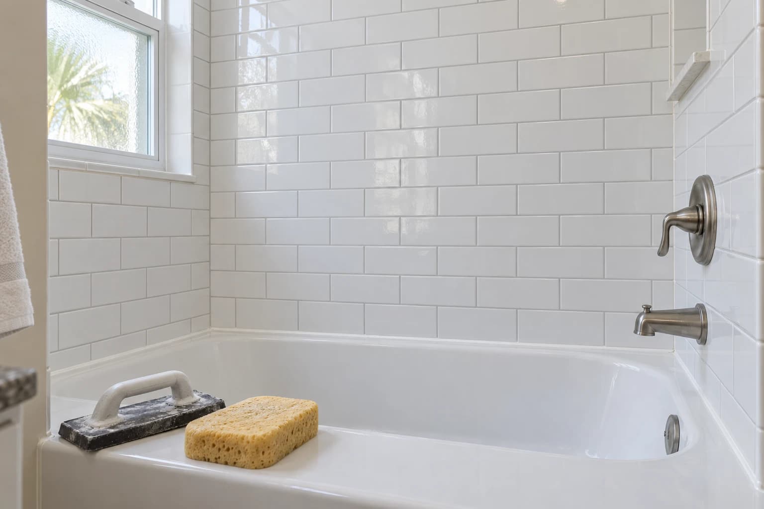 White tile shower wall with fresh light gray grout lines and a new caulk line at the tub, a grout float and a damp sponge resting on the tub ledge